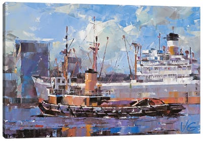 Tug Boat In Swansea Canvas Art Print - Purple Art