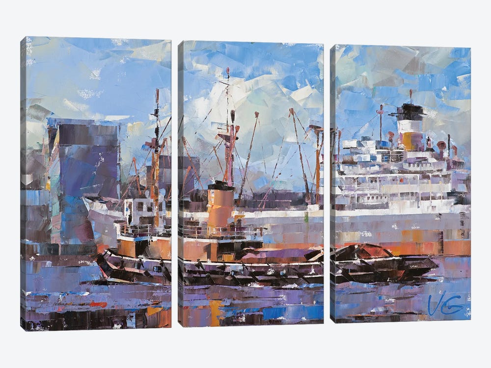 Tug Boat In Swansea by Volodymyr Glukhomanyuk 3-piece Canvas Print
