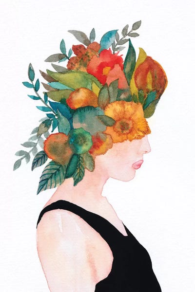 Viviana Gonzalez: Woman In Flowers, Watercolor by Viviana Gonzalez