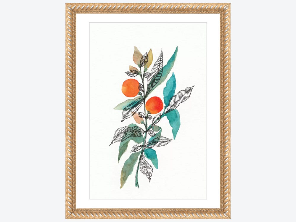 Framed Canvas Art (Champagne) - Watercolor + Ink Leaves by Viviana Gonzalez ( Floral & Botanical > Trees > Leaves art) - 26x18 in