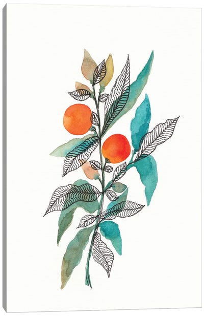 Watercolor + Ink Leaves III Canvas Art Print - Orange Art