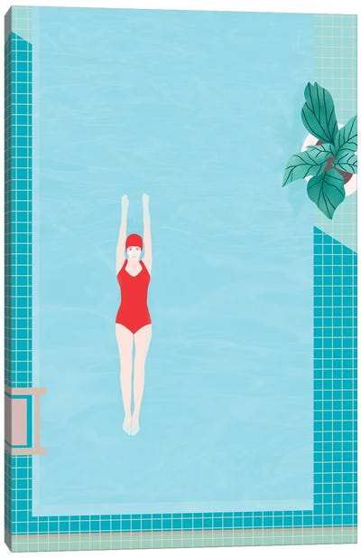 Girl With Red Swimsuit II Canvas Art Print - Women's Swimsuit & Bikini Art
