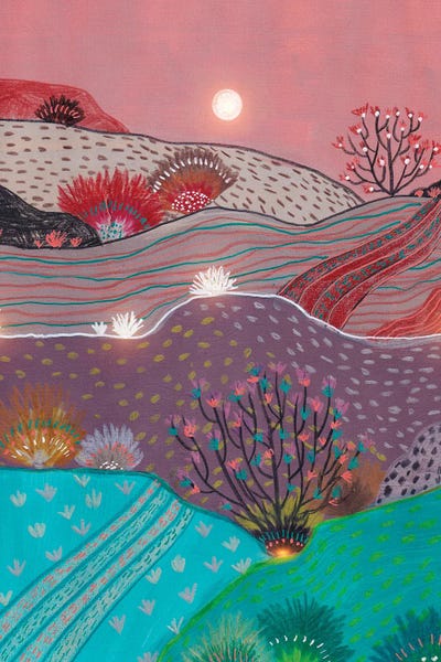 Patchwork Landscapes: Boho Hills And Full Moon by Viviana Gonzalez
