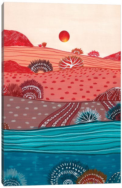 Boho Hills And Red Sun Canvas Art Print - Patchwork Landscapes