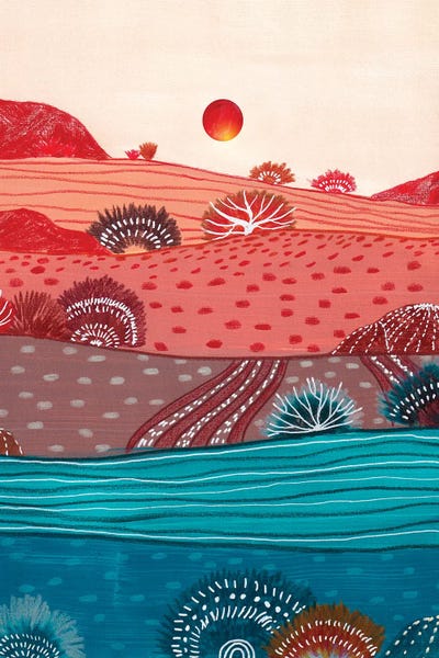 Patchwork Landscapes: Boho Hills And Red Sun by Viviana Gonzalez