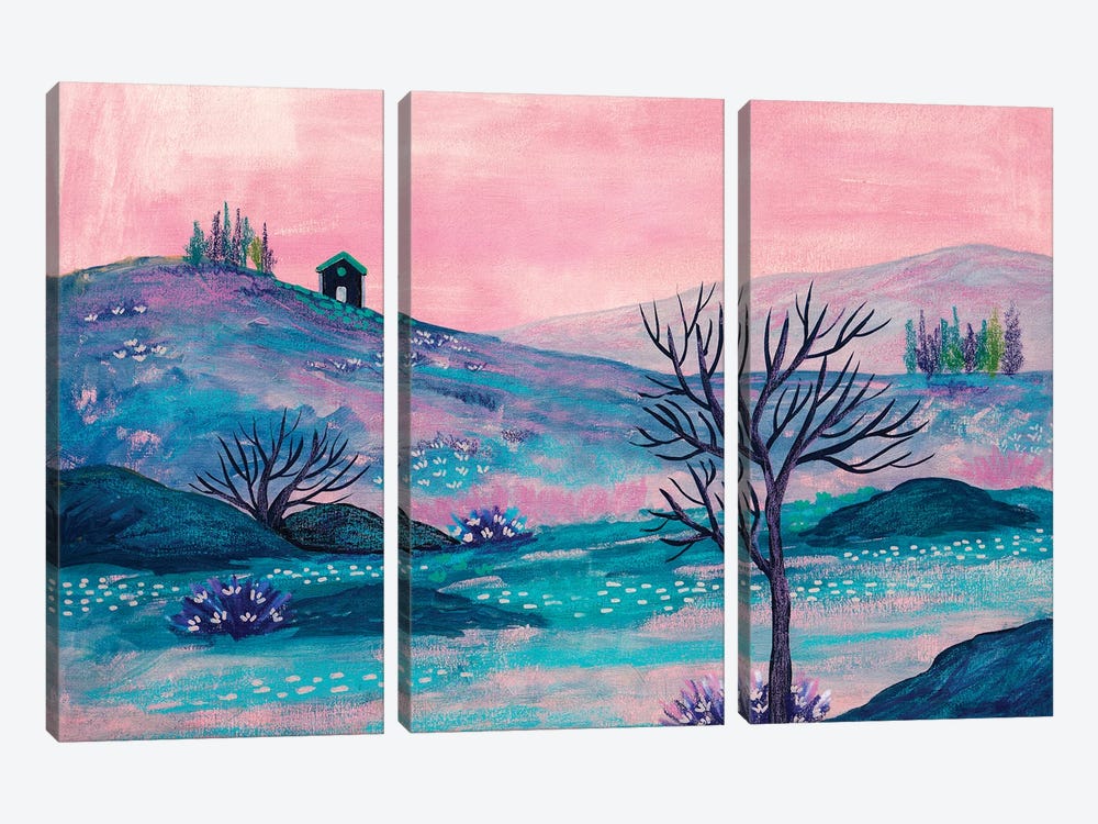 Cottage And Pink Sky by Viviana Gonzalez 3-piece Art Print
