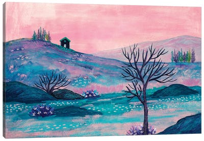 Cottage And Pink Sky Canvas Art Print - Viviana Gonzalez