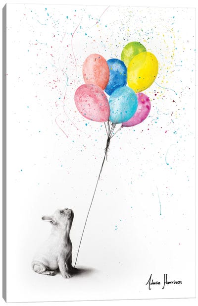 The French Bulldog And The Balloons Canvas Art Print - Hyper-Realistic & Detailed Drawings