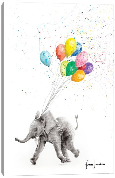 The Elephant And The Balloons Canvas Art Print - Hyper-Realistic & Detailed Drawings