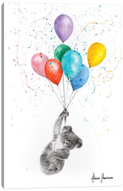 The Koala And The Balloons Canvas Art Print - Hyper-Realistic & Detailed Drawings