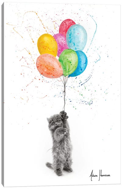 The Naughty Kitten And The Balloons Canvas Art Print - Hyper-Realistic & Detailed Drawings