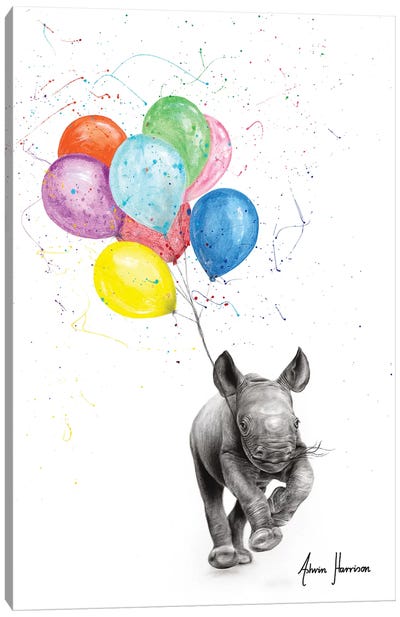 The Rhino And The Balloons Canvas Art Print - Balloons