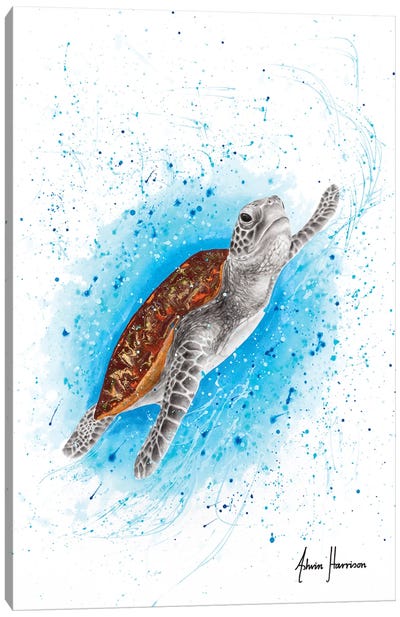 Happy Sea Turtle Canvas Art Print - Hyper-Realistic & Detailed Drawings