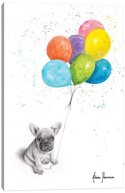 Little Frenchie And The Balloons Canvas Art Print - Balloons