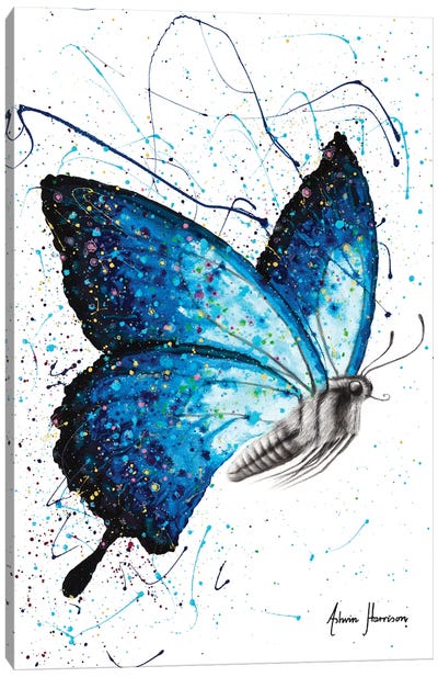 Blue Freedom Butterfly Canvas Art Print - Hyper-Realistic & Detailed Drawings