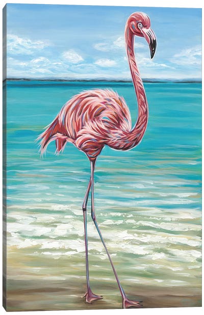 Beach Walker Flamingo I Canvas Art Print - Flamingo Art