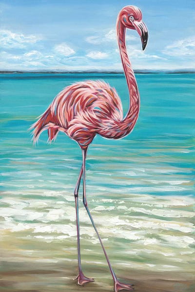 Flamingos: Beach Walker Flamingo I by Carolee Vitaletti