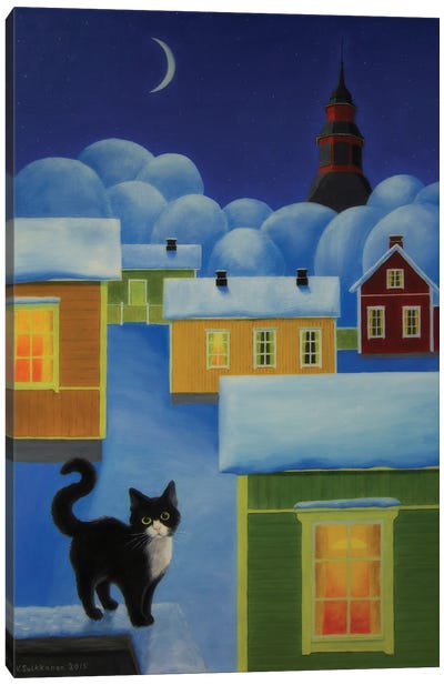 Moonlight Cat Canvas Art Print - Tuxedo Cat Art