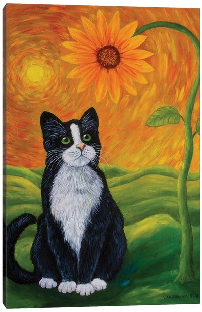 Cat And Sunflower Canvas Art Print - Veikko Suikkanen
