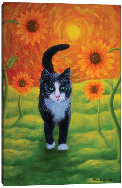 Cat And Sunflowers Canvas Art Print - Sunflower Art