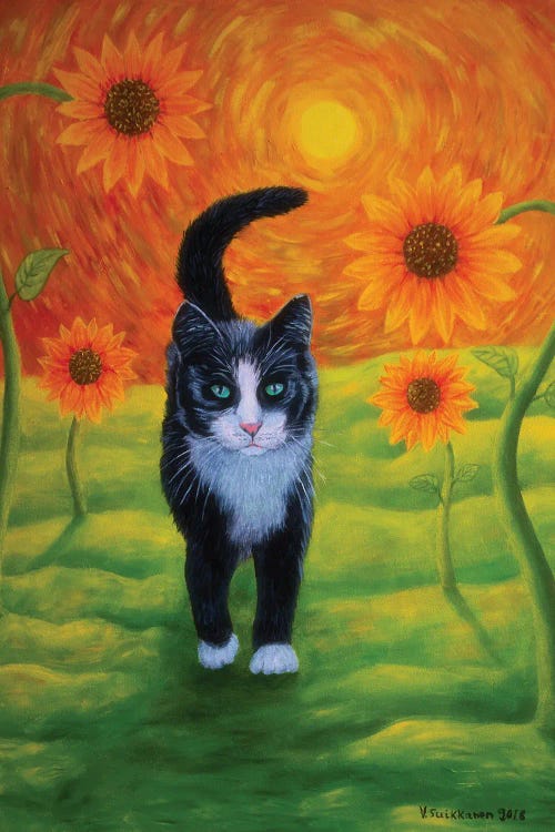 Cat And Sunflowers