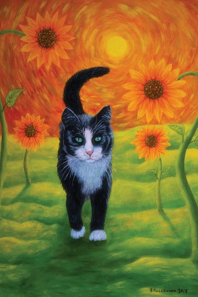 Cat And Sunflowers