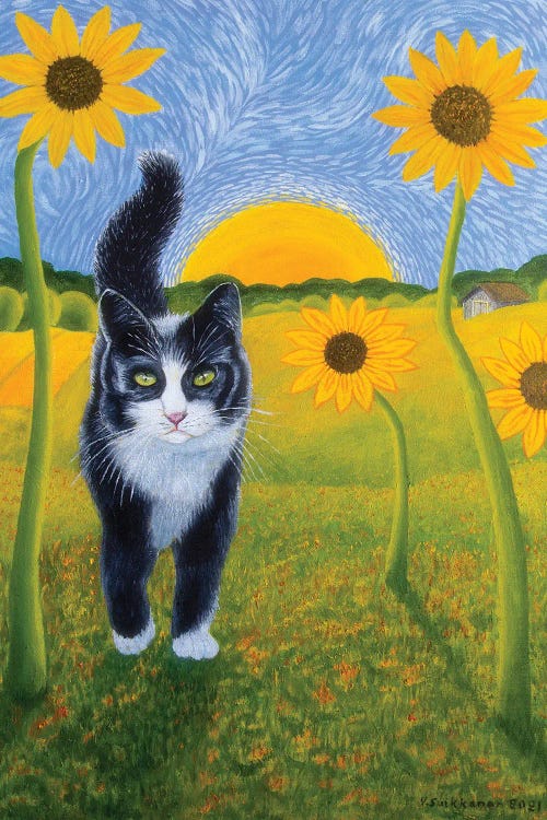 Cat And Sunflowers II