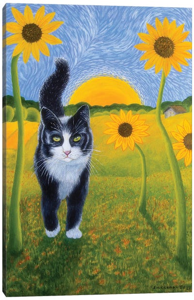 Cat And Sunflowers II Canvas Art Print - Van Gogh's Sunflowers Collection