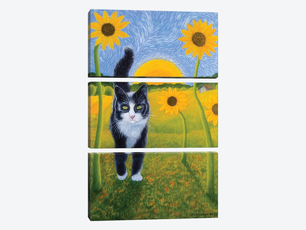 Cat And Sunflowers II by Veikko Suikkanen 3-piece Canvas Wall Art