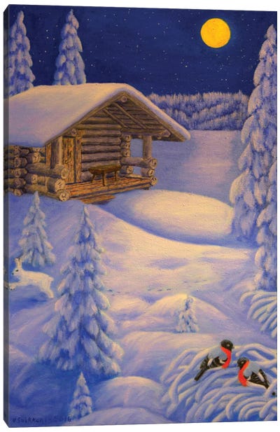 Cottage In The Moonlight Canvas Art Print - Veikko Suikkanen