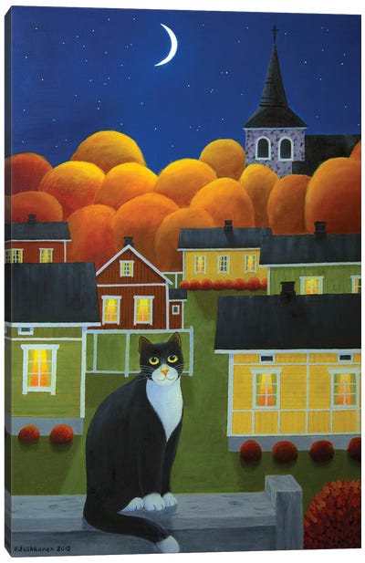 Moonlight Night Canvas Art Print - Tuxedo Cat Art