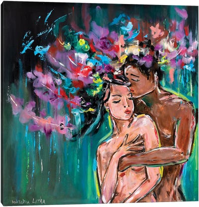 Love Couple With Flower Canvas Art Print - Male Nude Art