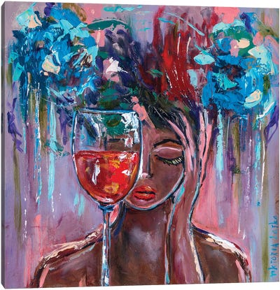 Blue Hydrangeas And Red Wine Canvas Art Print - Viktoria Latka