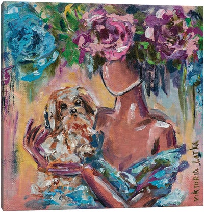 A Woman Flower With A Dog Canvas Art Print - Viktoria Latka