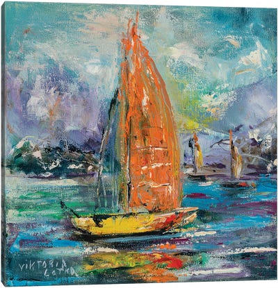 Yellow Sailboat In Paradise Bay Canvas Art Print - Viktoria Latka
