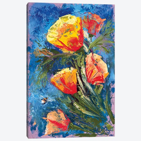 California Poppies And Bumblebee Canvas Print #VLC12} by Valeria Luchistaya Art Print
