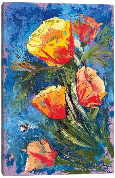California Poppies And Bumblebee Canvas Art Print - Valeria Luchistaya
