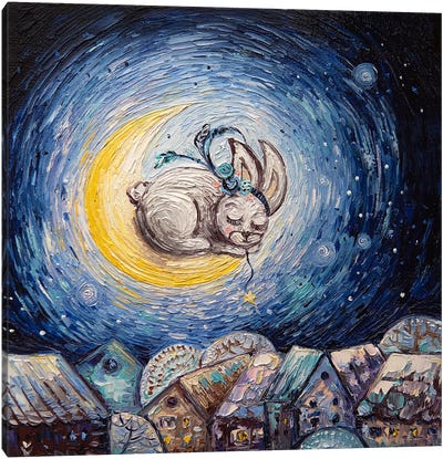 Rabbit And Month Canvas Art Print - Vlada Koval