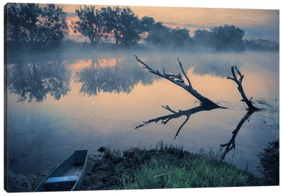Misty Morning Over The Quiet River Canvas Art Print - ValeriX