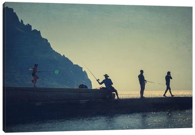 Morning Fishing On The Pier Canvas Art Print - ValeriX