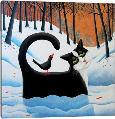 Snow Drifter Canvas Art Print - Tuxedo Cat Art