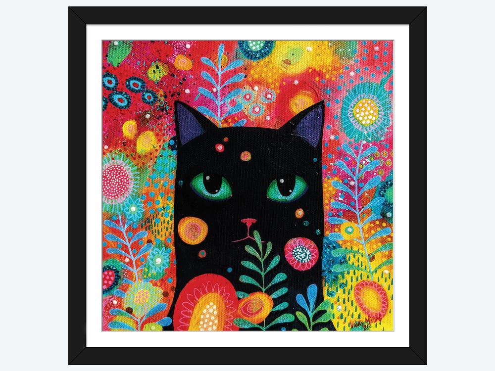 Black Cat in Flowers handpainted 18 mesh Needlepoint Canvas by Vicky Mount  ~ PLD