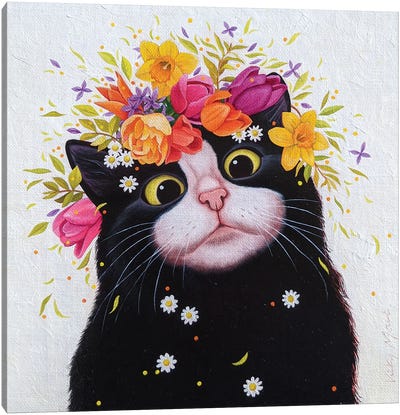 Spring Flowers Cat Canvas Art Print - Vicky Mount