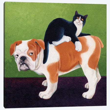 Bulldog And Cat Canvas Print #VMN25} by Vicky Mount Art Print