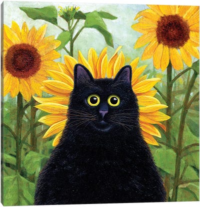 Dan De Lion With Sunflowers Canvas Art Print - Black Cat Art