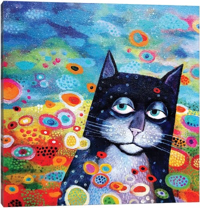 Flowers In The Wind Canvas Art Print - Tuxedo Cat Art