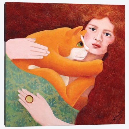 Girl With Ginger Cat Canvas Print #VMN57} by Vicky Mount Canvas Artwork