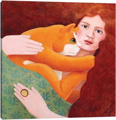 Girl With Ginger Cat Canvas Art Print - Orange Cat Art