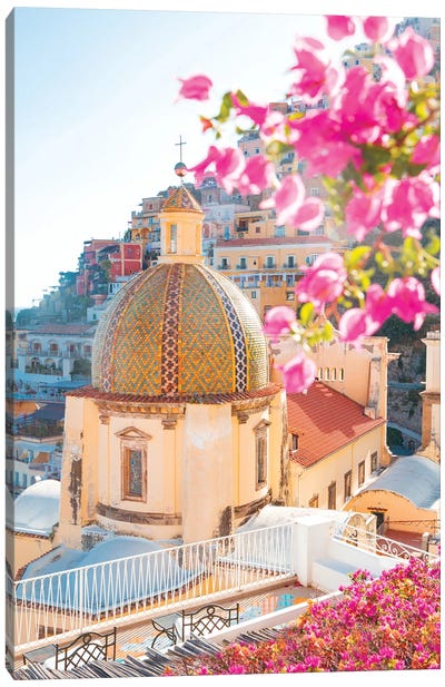 Pink Positano Flowers At Dusk Canvas Art Print - Amalfi Coast Art