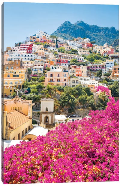 Pink Flowers In Positano Canvas Art Print - Amalfi Coast Art